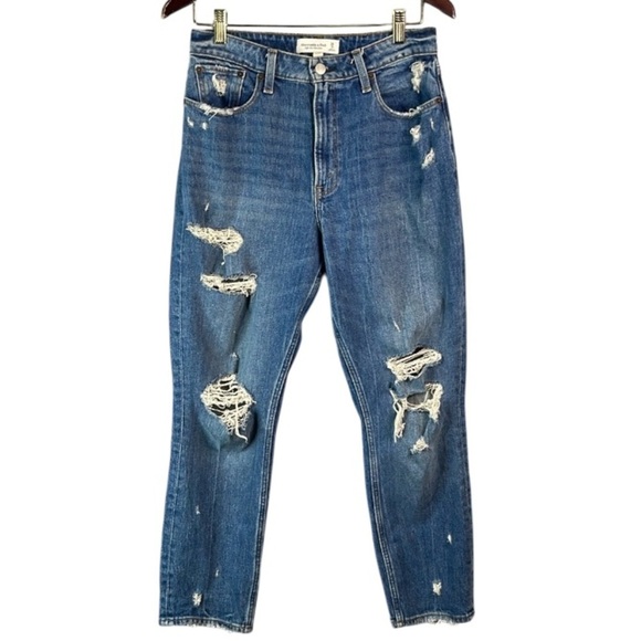 Abercrombie & Fitch Curve Love High Rise Mom Jean Blue Medium Wash Distressed 28 - Picture 2 of 11